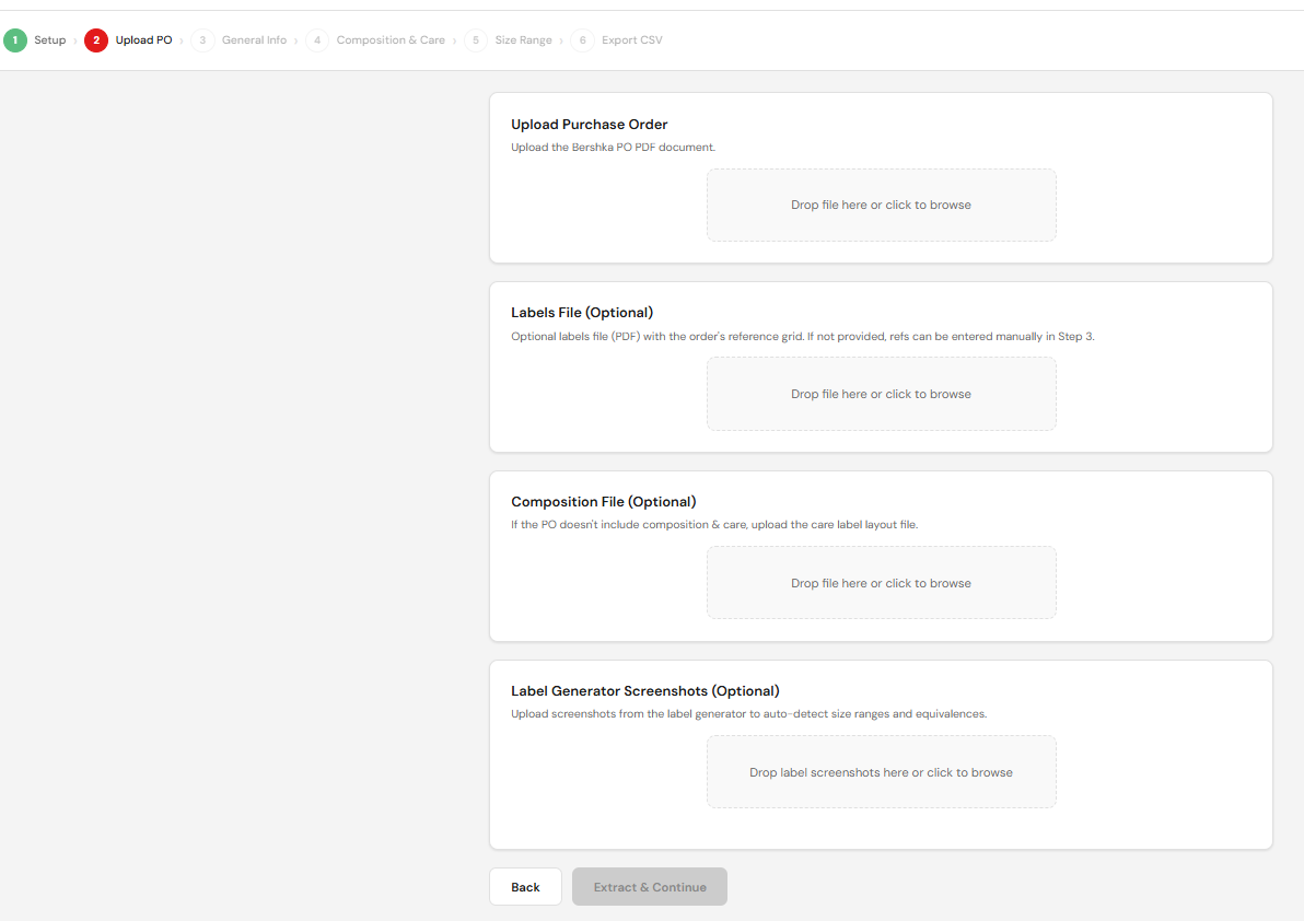 Step 2 with Bershka selected, four empty upload cards visible