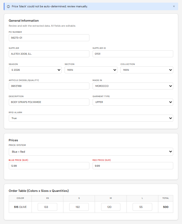 Step 3 overview with General Information, Prices, and Order Table visible
