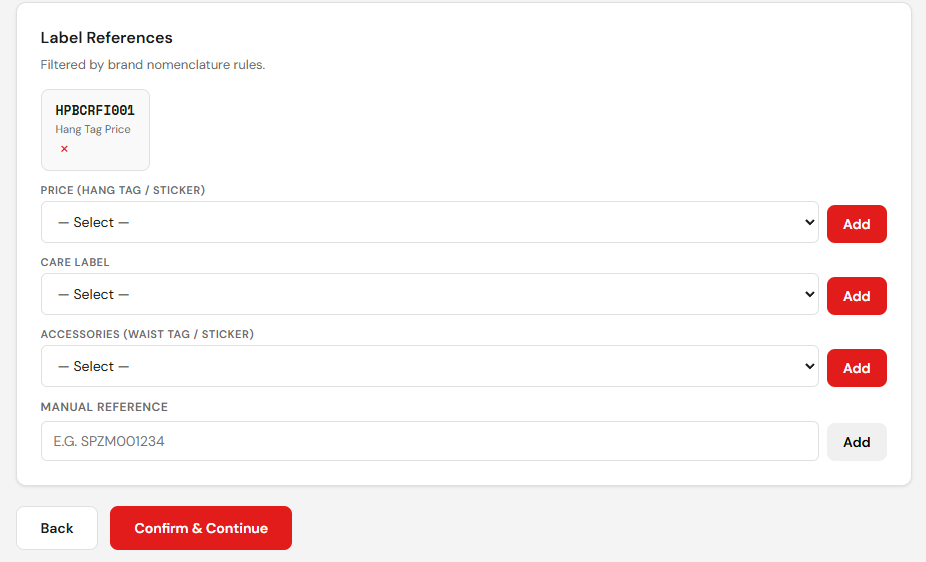 Label references section with three dropdowns and a manual reference field