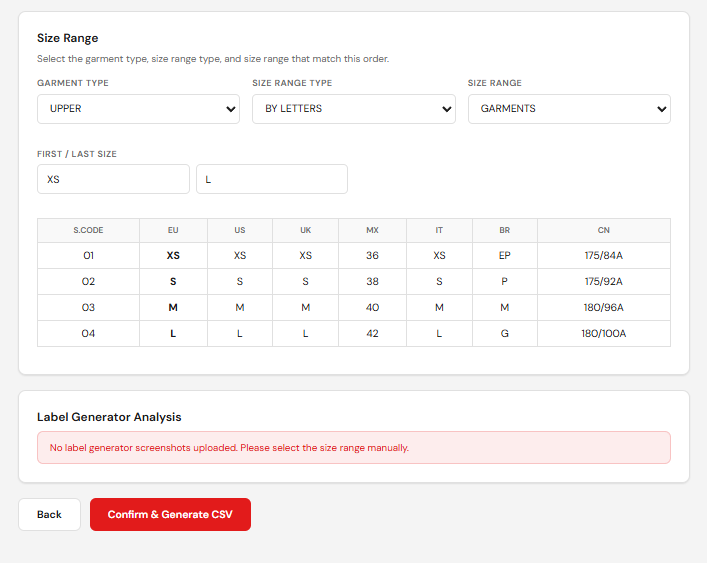 Step 5 size table with quantities and optional Validation column